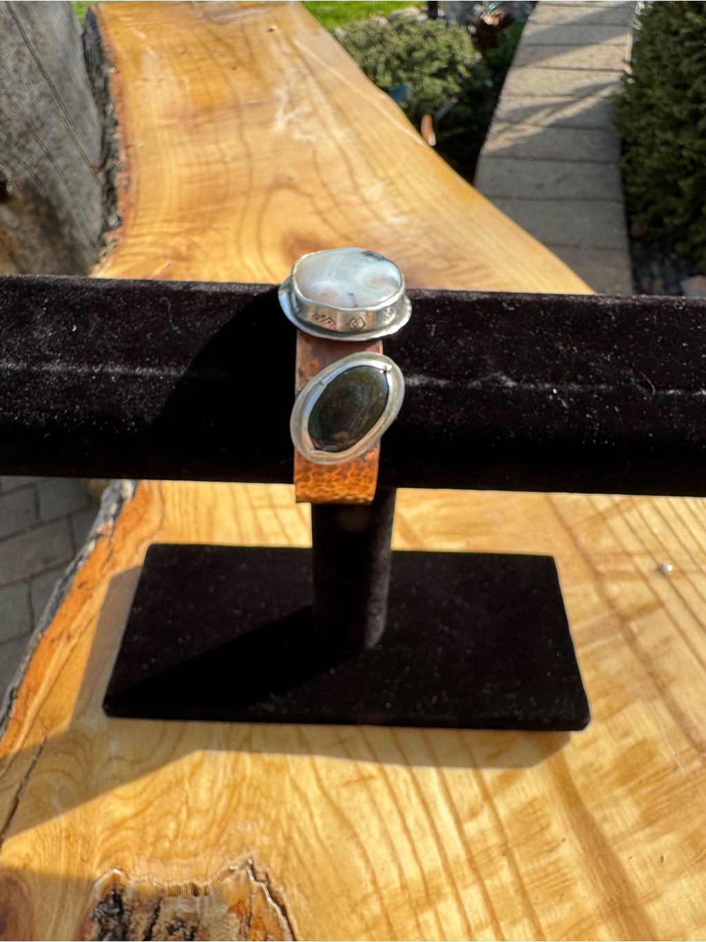 Handmade Sterling And Copper Gemstone Cuff Bracelet - Lace Agate And Bloodstone
